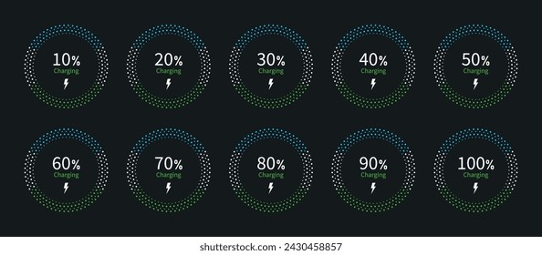 Indicador de carga de batería en círculo con 10% 20% 30% 40% 50% 70% 90% y 100% icono vectorial establecido para diseño de interfaz móvil en fondo oscuro. Símbolos del indicador de batería. 10-100 por ciento.