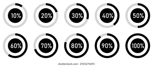 Battery charging indicator in circle with 10% 20% 30% 40% 50% 70% 90% and 100% vector icon set for mobile interface design on white background. Battery indicator symbols. 10-100 percent.icons