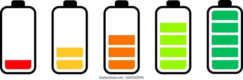 Conjunto de vector de icono de indicador de carga de batería. Símbolo del icono de carga de la batería, conjunto de 5 iconos de contorno de la batería, cargador, símbolos del indicador de batería, fondo del símbolo
