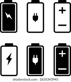 Battery charging indicator icon vactor set. Battery Charging Icon symbol, Set of 5 outline icons  battery, charger, Battery indicator symbols, symbol background
