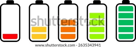 Battery charging indicator icon vactor set. Battery Charging Icon symbol, Set of 5 outline icons  battery, charger, Battery indicator symbols, symbol background
