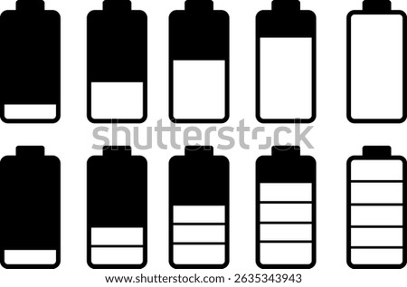 Battery charging indicator icon vactor set. Battery Charging Icon symbol, Set of 5 outline icons  battery, charger, Battery indicator symbols, symbol background
