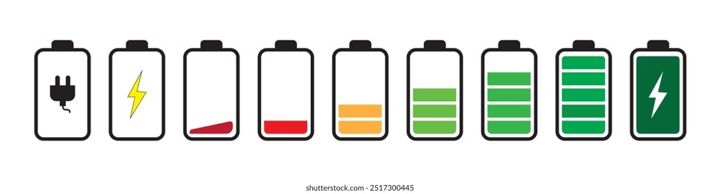 Ícone indicador de carregamento da bateria em fundo branco. Ícone de nível de bateria totalmente carregada e descarregada. Ilustração vetorial.
