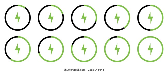 Conjunto de iconos de indicador de carga de batería: progreso de nivel de energía verde con ilustración vectorial de símbolo de rayo.