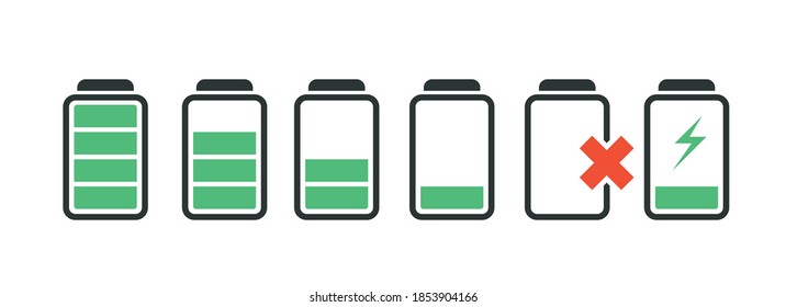 Battery charging indicator level icon set. Full, high, low and empty charge level of electrical accumulator. Simple and clear vector flat design symbol.