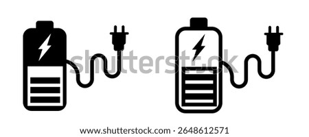 Battery charging indicator vector icons featuring a lightning bolt symbol and power plug, ideal for displaying device battery status and charging progress in user interfaces and applications.