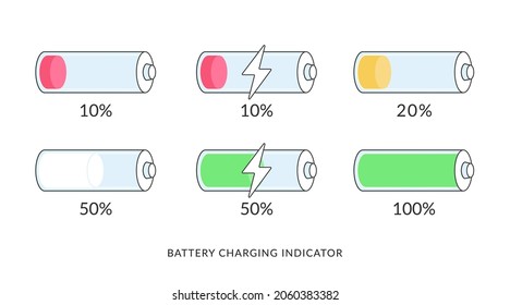 Iconos de los indicadores de carga de la batería. Ilustración vectorial plana de varias baterías desde el estado de carga baja hasta el de carga completa. Símbolos de interfaz móvil para recargar elementos y capacidad de los bancos de energía