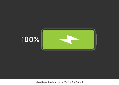 battery charging indicators with lightning symbol and percentages. Charge level 100 percentage on gray background. Vector illustration