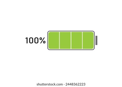 battery charging indicators with lightning symbol and percentages. Charge level 100 percentage on white background. Vector illustration