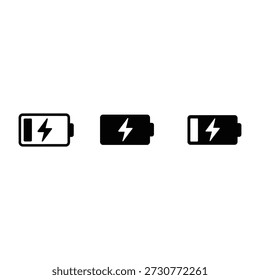 battery charging level icons set showing low, medium and full power isolated on white background for energy, electricity and device status concept