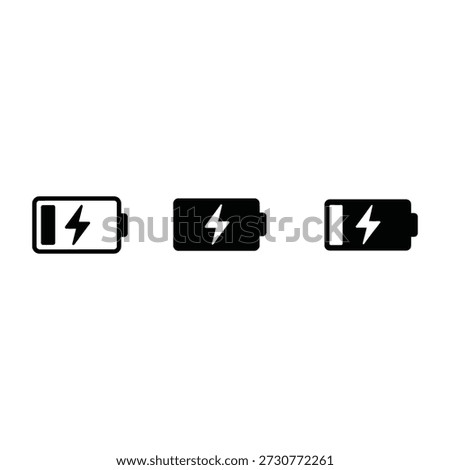battery charging level icons set showing low, medium and full power isolated on white background for energy, electricity and device status concept