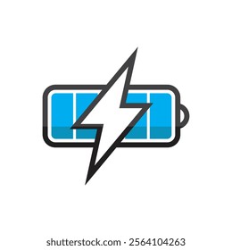 Battery charging with lightning bolt in blue color. vector illustration. Suitable for energy, power, technology concepts in designs for websites, presentations, and advertisements.