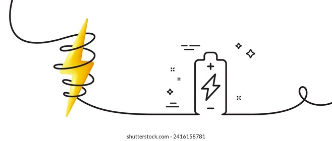 Battery charging line icon. Continuous one line with curl. Electricity energy type sign. Lightning bolt symbol. Battery charging single outline ribbon. Loop curve with energy. Vector