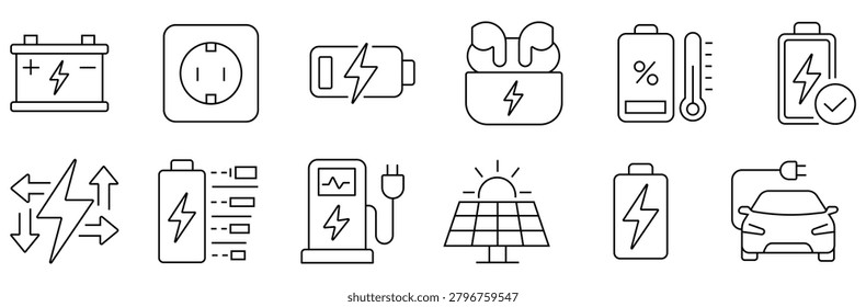 Battery charging line icon set featuring electric vehicle, solar panel, power socket, wireless earbuds, charging station, battery percentage, accumulator and lightning energy. editable stroke vector 