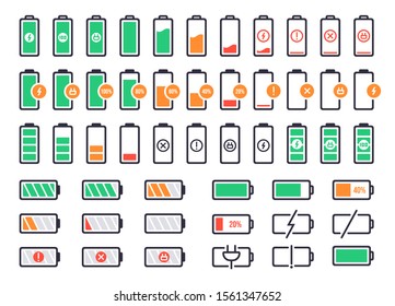 Battery charging logo. Charge power level, smartphone accumulator energy status. Cell phone battery signal indicators vector isolated icons set. Collection of device charge process icons