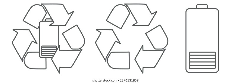 Battery, charging, low, warning and recycling sign. icons set. Line vector Isolated on white background. Earth saving and recycling concept. Linear Vector collection