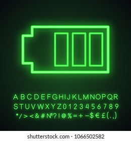 Battery charging neon light icon. Glowing sign with alphabet, numbers and symbols. Vector isolated illustration