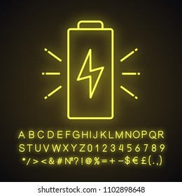 Battery charging neon light icon. Glowing sign with alphabet, numbers and symbols. Vector isolated illustration