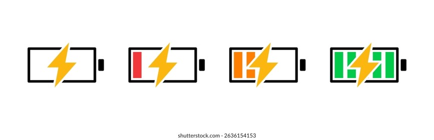 Battery charging phone set icon. Vector illustration in flat design. Battery indicator symbol. 0-100 percent.