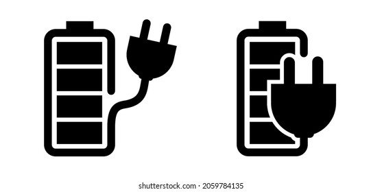 Battery charging with plug. Charge indicator, level batteries status. Power running low, up. Vector pictogram or logo. Charge level, empty, full loading bar icon. Pinpoint, pin location. Solar panels.