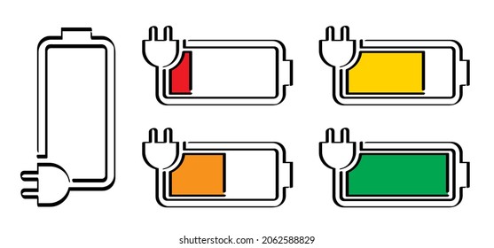 Battery charging with plug. Charge indicator, level batteries status. Power running low, up. Vector pictogram or logo. Charge level, empty, full loading bar icon. Pinpoint, pin location. Solar panels.