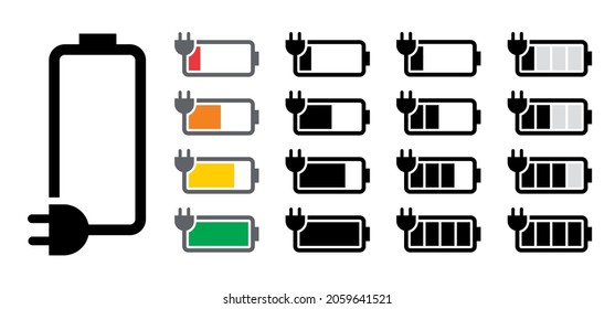 Battery charging point, charge indicator. Level Battery Energy powerfully full. Power low up status batteries logo. Charge level empty loading bar. Gadgets alkaline tags. Electric, e bike or car icon svg