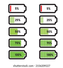 Battery Charging Point, Charge Indicator. Vector Icon Level Battery Energy Powerfully Full. Power Low Up Status Batteries Logo. Charge Level Empty Loading Bar. Battery Set