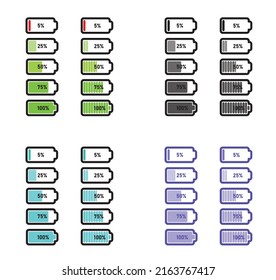 Battery Charging Point, Charge Indicator. Vector Icon Level Battery Energy Powerfully Full. Power Low Up Status Batteries Logo. Charge Level Empty Loading Bar. Battery Set