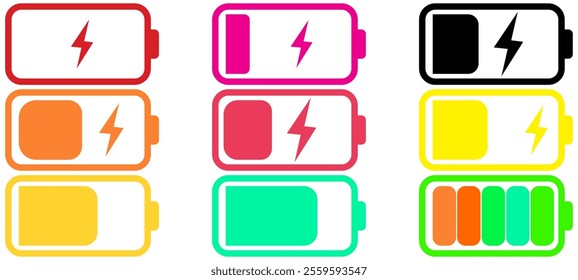 Battery charging point, charge indicator. Level battery Energy powerfully full. Power low up status batteries logo. Charge level empty loading. Alkaline tags. Electric e bike or car icon. mobile plug