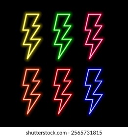 Battery charging with a power bolt icon. Blue color neon lightning bolt, glowing sign. Abstract neon bolt icon with circle on black background.
