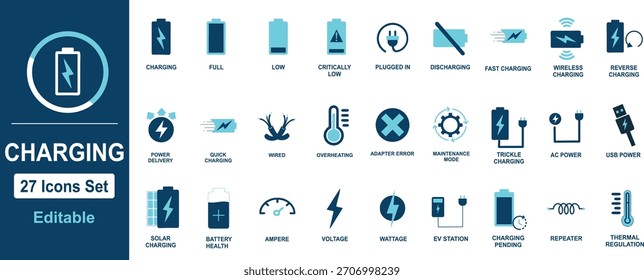 Conjunto de iconos de energía de carga de batería: plena potencia, vehículo eléctrico (EV), temperatura, inalámbrico, baja energía, indicador, carga rápida y energía renovable. 27 Señales de Vector.