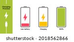 Battery charging process. Different Battery charge level. Discharged, charging and fully charged battery smartphone. Set of battery charge level indicators. Vector Illustration.