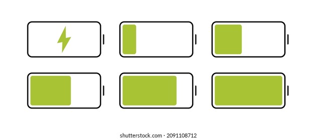 Battery charging process. Different Battery charge level. Set of battery charge level indicators. Wireless charging energy sign. Vector Illustration.