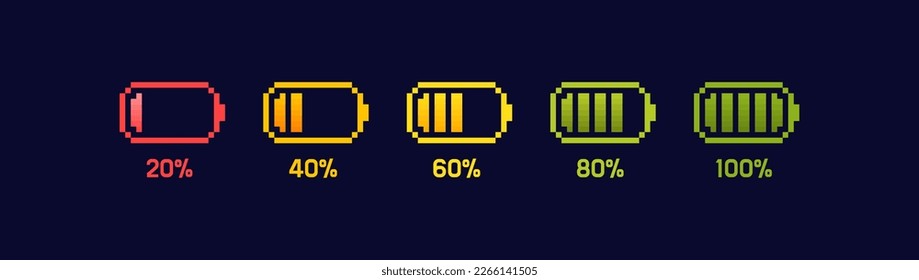 Batterieaufladung. Unterschiedliche Batterieladung. Set von Pixelakkumulationsebenen-Indikatoren. 8-Bit Pixelkunst. Vektorgrafik.