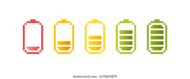 Batterieaufladung. Unterschiedliche Batterieladung. Set von Pixelakkumulationsebenen-Indikatoren. 8-Bit Pixelkunst. Vektorgrafik.