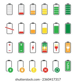 Ilustración vectorial del proceso de carga de la batería. Conjunto de batería en el fondo aislado. Concepto de signo de carga.