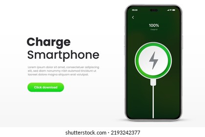 Battery charging process. Phone charge showing on smartphone screen. Plugged and charging phone. Vector illustration EPS10.