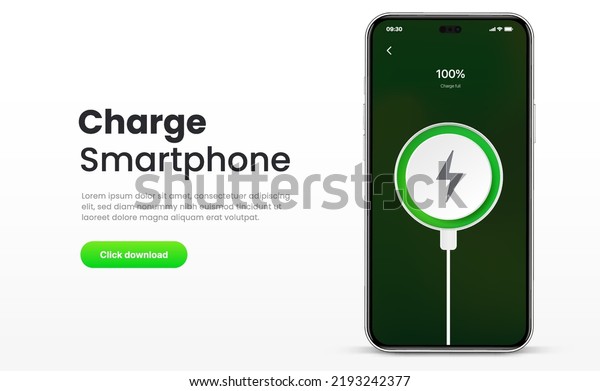 Battery charging process. Phone charge showing on\
smartphone screen. Plugged and charging phone. Vector illustration\
EPS10.