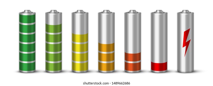 Battery charging realistic vector illustration set. Discharged electric power source 3D isolated cliparts pack on white background. Fully charged, battery loading process design elements collection