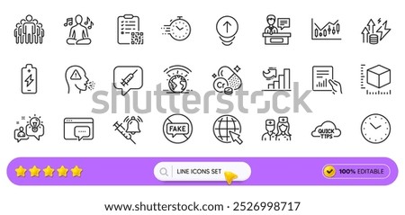 Battery charging, Seo message and Qr code line icons for web app. Pack of Group, Time, Quick tips pictogram icons. Fake news, Greenhouse, Exhibitors signs. Vaccine announcement, Cough, Doctor. Vector