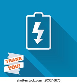 Battery charging sign icon. Lightning symbol. White flat icon with long shadow. Paper ribbon label with Thank you text. Vector