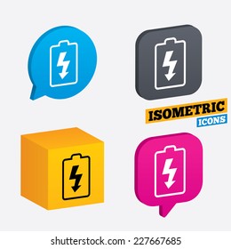 Battery charging sign icon. Lightning symbol. Isometric speech bubbles and cube. Rotated icons with edges. Vector