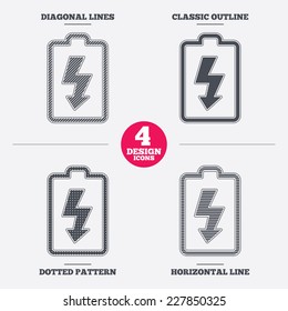 Battery charging sign icon. Lightning symbol. Diagonal and horizontal lines, classic outline, dotted texture. Pattern design icons.  Vector