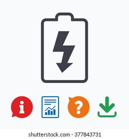Battery charging sign icon. Lightning symbol. Information think bubble, question mark, download and report.