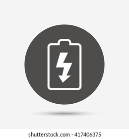 Battery charging sign icon. Lightning symbol. Gray circle button with icon. Vector