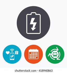 Battery charging sign icon. Lightning symbol. Mobile payments, calendar and wifi icons. Bus shuttle.