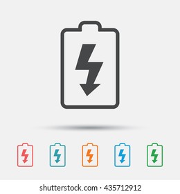 Battery charging sign icon. Lightning symbol. Graphic element on white background. Colour clean flat battery icons. Vector