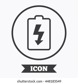 Battery charging sign icon. Lightning symbol. Graphic design element. Flat symbol in circle button. Vector