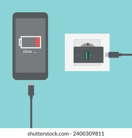 Notificación lenta de carga de la batería. Cargador de Smartphone y enchufe eléctrico. Cargando el teléfono. Vector 