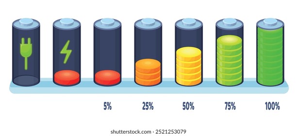 Etapa de carga de la batería. Baterías completas de bajo nivel de energía de Recargo, indicador de recarga de capacidad de carga cargada infografía Porcentaje de cargador móvil, Ilustración vectorial limpia Obra de arte original